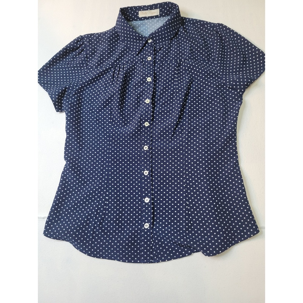 Belle Poque Navy Blue White Polka Dot Short Sleeve Button Down  Size L 2327